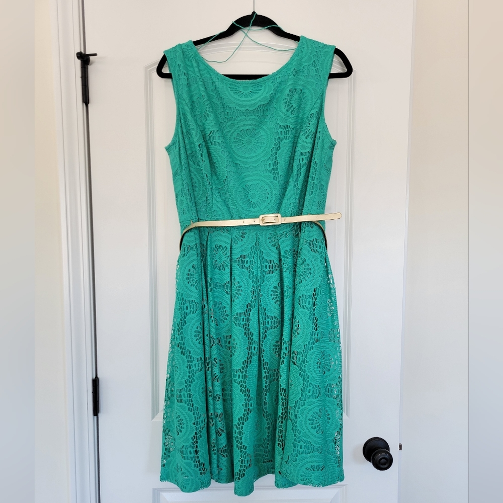 Roz & Ali Women's Aqua Lace Dress with Gold Belt Size 16W